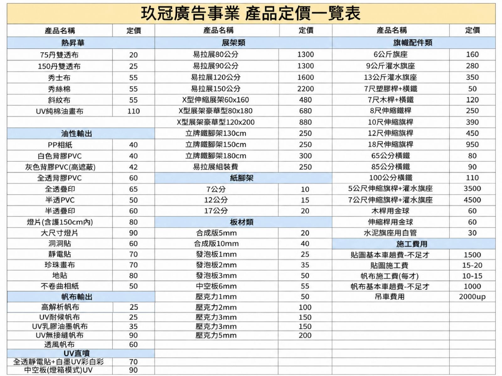 玖冠廣告價目表